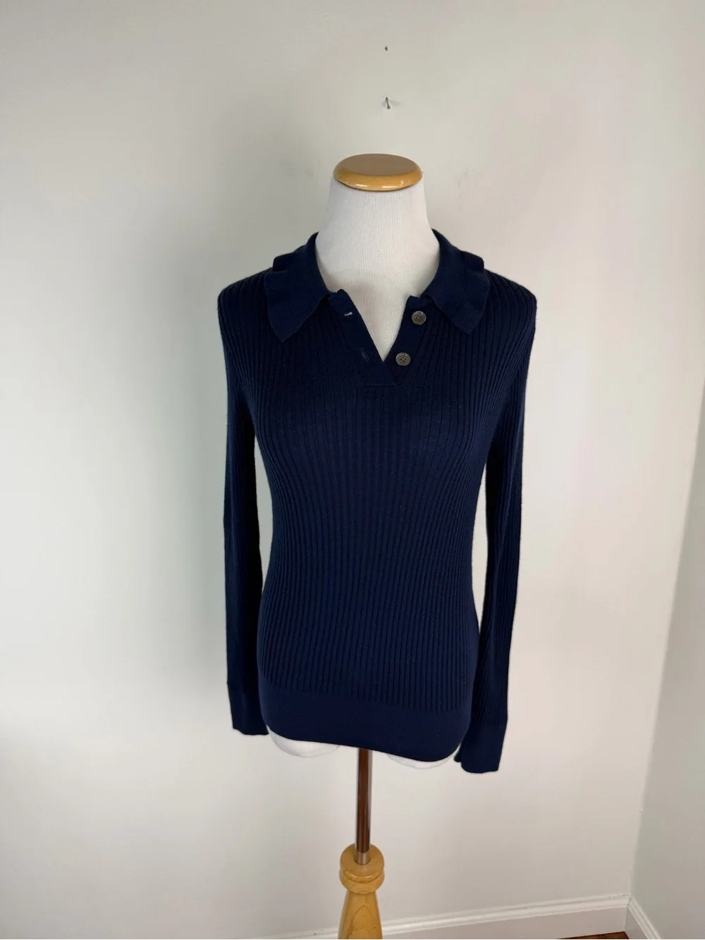 NWT J. crew ribbed ruffle collar merino wool sweater navy blue Size S